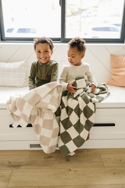 Taupe Checkered Plush Blanket