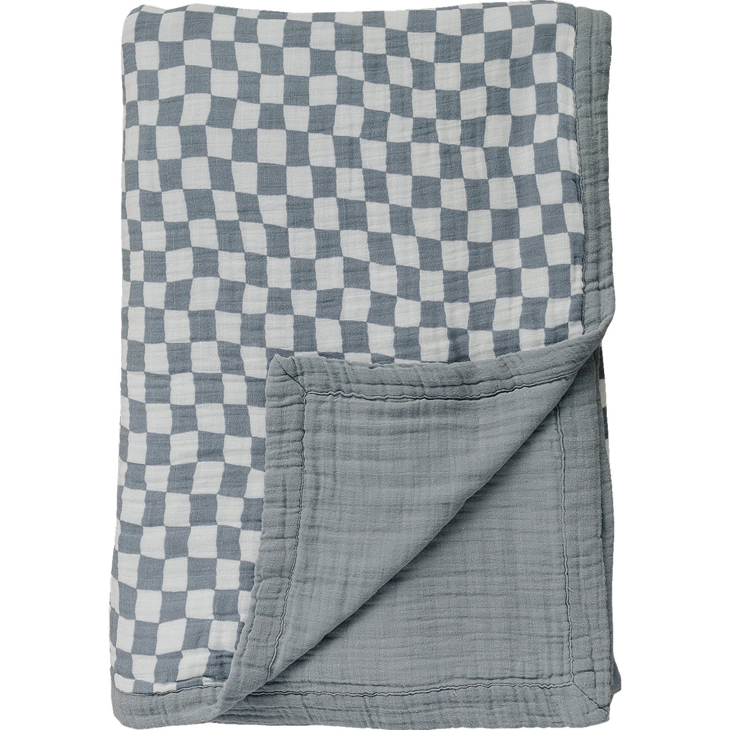 Dusty Blue Wavy Checkered Twin Muslin Quilt