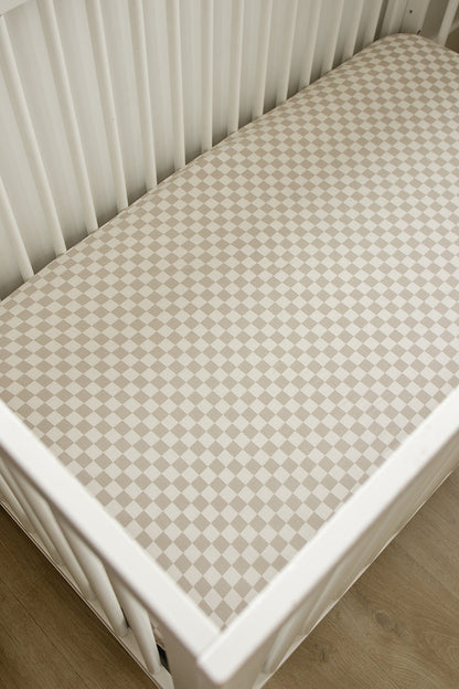 Taupe Checkered Bamboo Stretch Crib Sheet